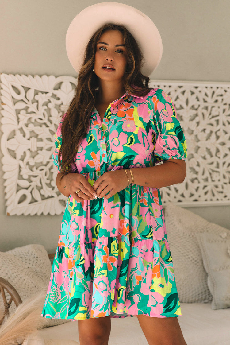 Green Floral Puff Sleeve Collar Buttoned Babydoll Dress - Damesmode