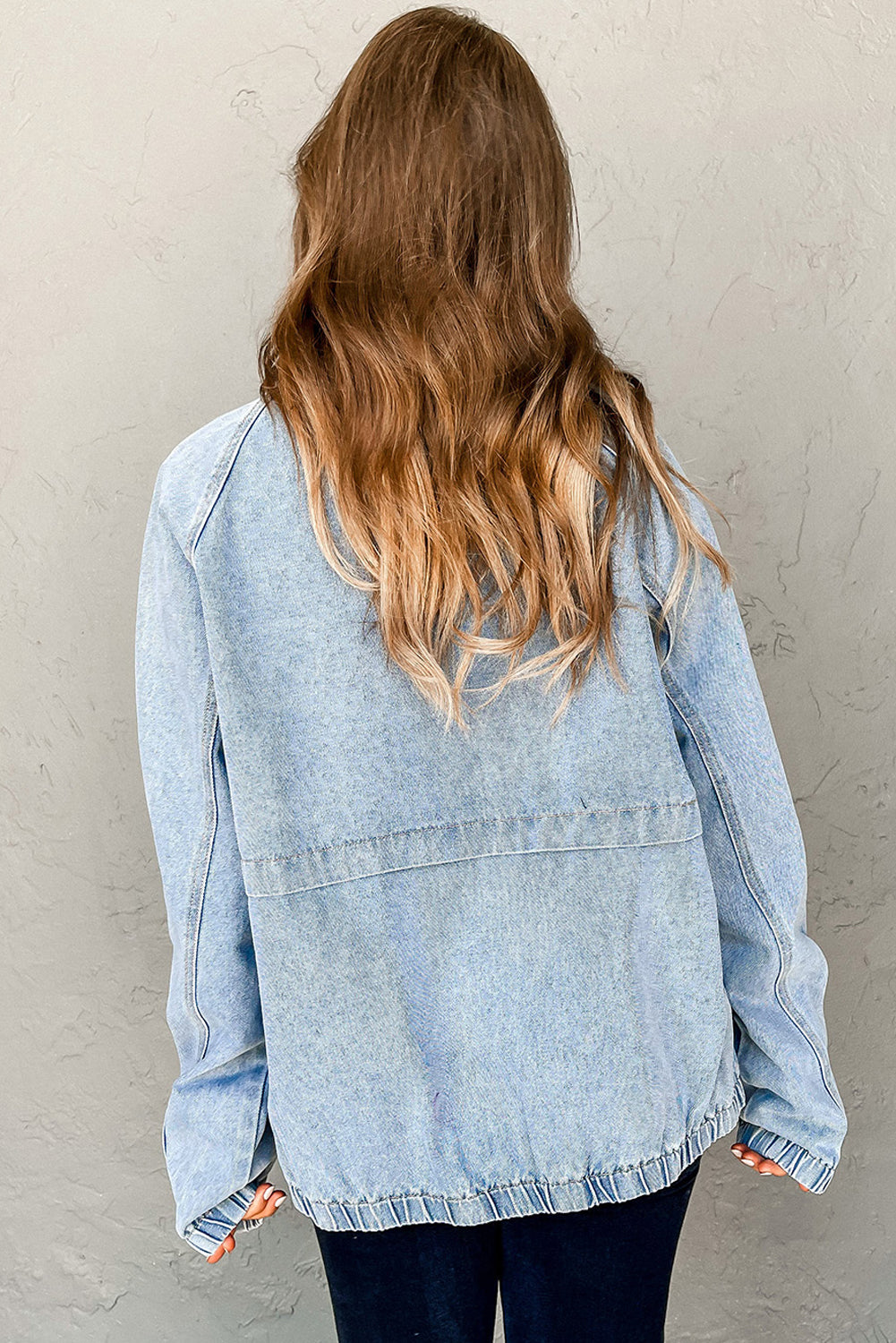 Myosotis-Gummijacke mit Kragenkragen und Reißverschluss-Jeansjacke mit Tasche