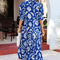 Blue Wild Floral Print Frilled Collar Half Sleeve Long Dress - Damesmode Afbeelding 3 - Foto 3
