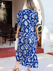 Vestido largo de manga media con cuello floral y volantes azul salvaje - Damesmode Afbeelding 3 - Miniatuur