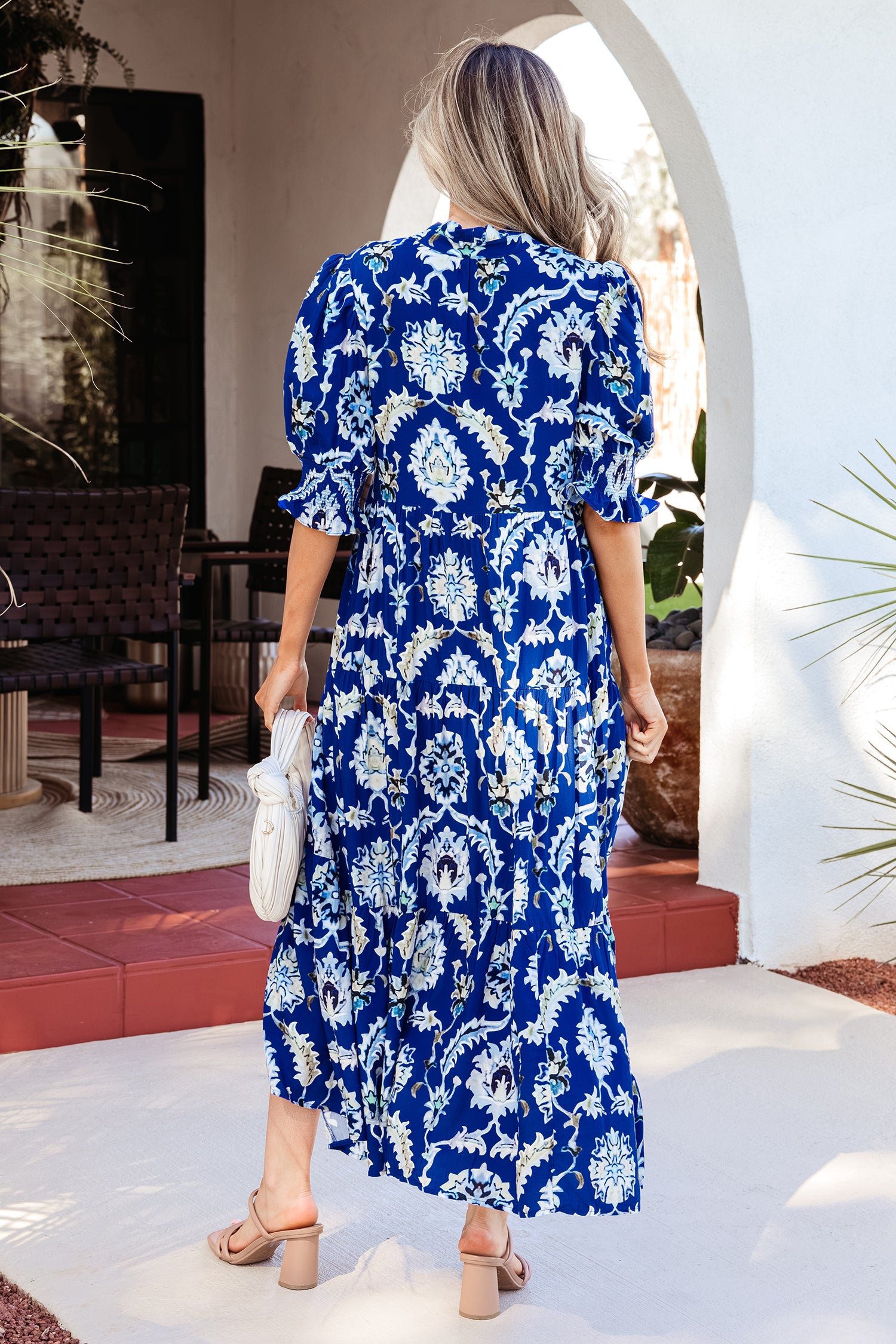 Blue Wild Floral Print Frilled Collar Half Sleeve Long Dress - Damesmode Afbeelding 3