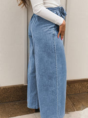Beau Blue Western Washed Bow Knot Sash Wide Leg Jeans - Damesmode Afbeelding 2 - Miniatuur
