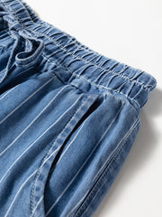 Blue Stripe Chambray Wide Leg Tied Elastic Waist Trousers - Damesmode Afbeelding 4 - Miniatuur