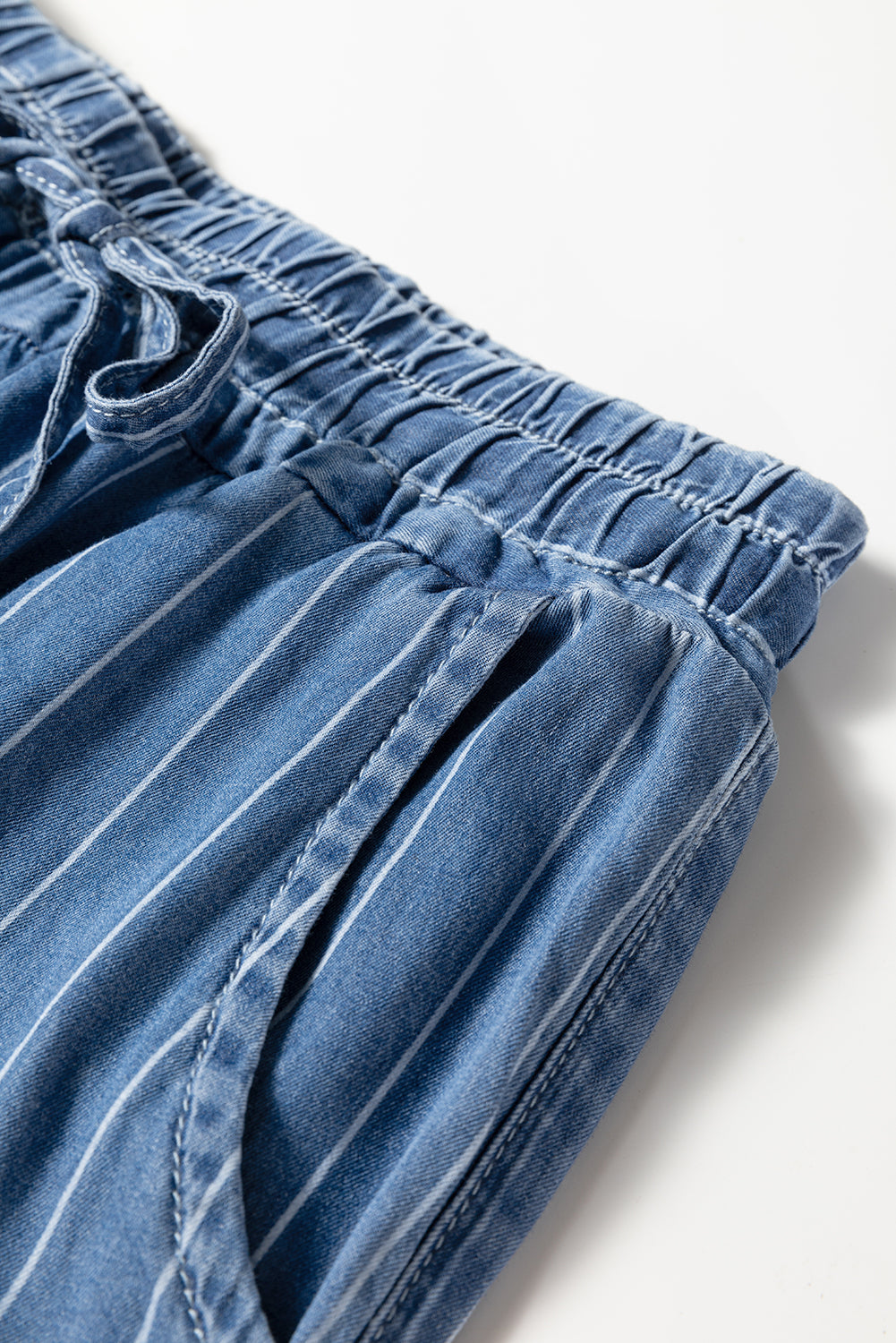 Blue Stripe Chambray Wide Leg Tied Elastic Waist Trousers - Damesmode Afbeelding 4
