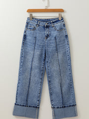 Myosotis Center Seam Cuffed Hem Straight High Waist Jeans - Miniatuur