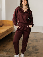 Chicory Coffee Button Kordelzug, geschnittener Hoodie Jogger 2 Stück Set - Miniatuur