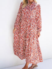 Orange Abstract Print V Neck Pleated High Waist Midi Dress - Miniatuur