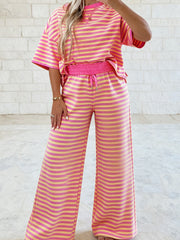 Yellow Stripe Colorblock Trim Crew Neck Loose Tee Drawstring Elastic Waist 2pcs Pant Set - Miniatuur