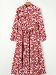 Orange Abstract Print V Neck Pleated High Waist Midi Dress - Miniatuur