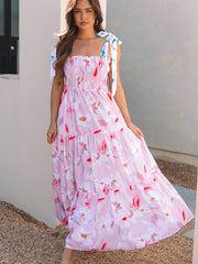 Maxi robe smock à épaules nouées à imprimé fleur rose - Miniatuur