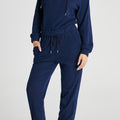 Marineblaues Rippen-Strick-Hoodie-Set mit Kordelzug und Joggerhose mit Kordelzug - Foto 1