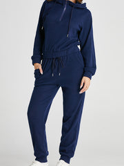 Ensemble de sweat à capuche courte en maille côtelée bleu marine et pantalons de jogging à cordon - Miniatuur