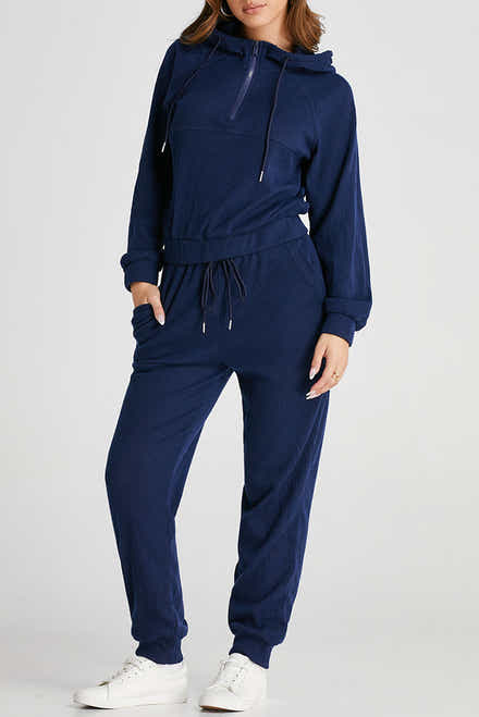 Marineblaues Rippen-Strick-Hoodie-Set mit Kordelzug und Joggerhose mit Kordelzug