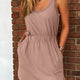 Smoke Grijs Mineral Wash U Neck Elastic Waist Mouwloos Mini Jurk