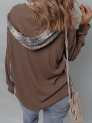 Brown Plaid Patchwork Button Down Drawstring Hooded Shacket - Damesmode Afbeelding 2 - Miniatuur