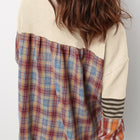 Strohgelber Waffelstreifen-Karo-Patchwork-Henley-Strickoberteil - Thumbnail