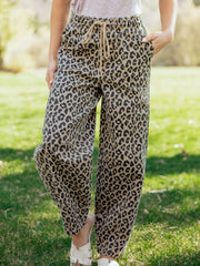 Khaki-Leopardenmuster mit Kordelzug, elastische Taille, lockere Jeanshosen mit Taschen - Miniatuur