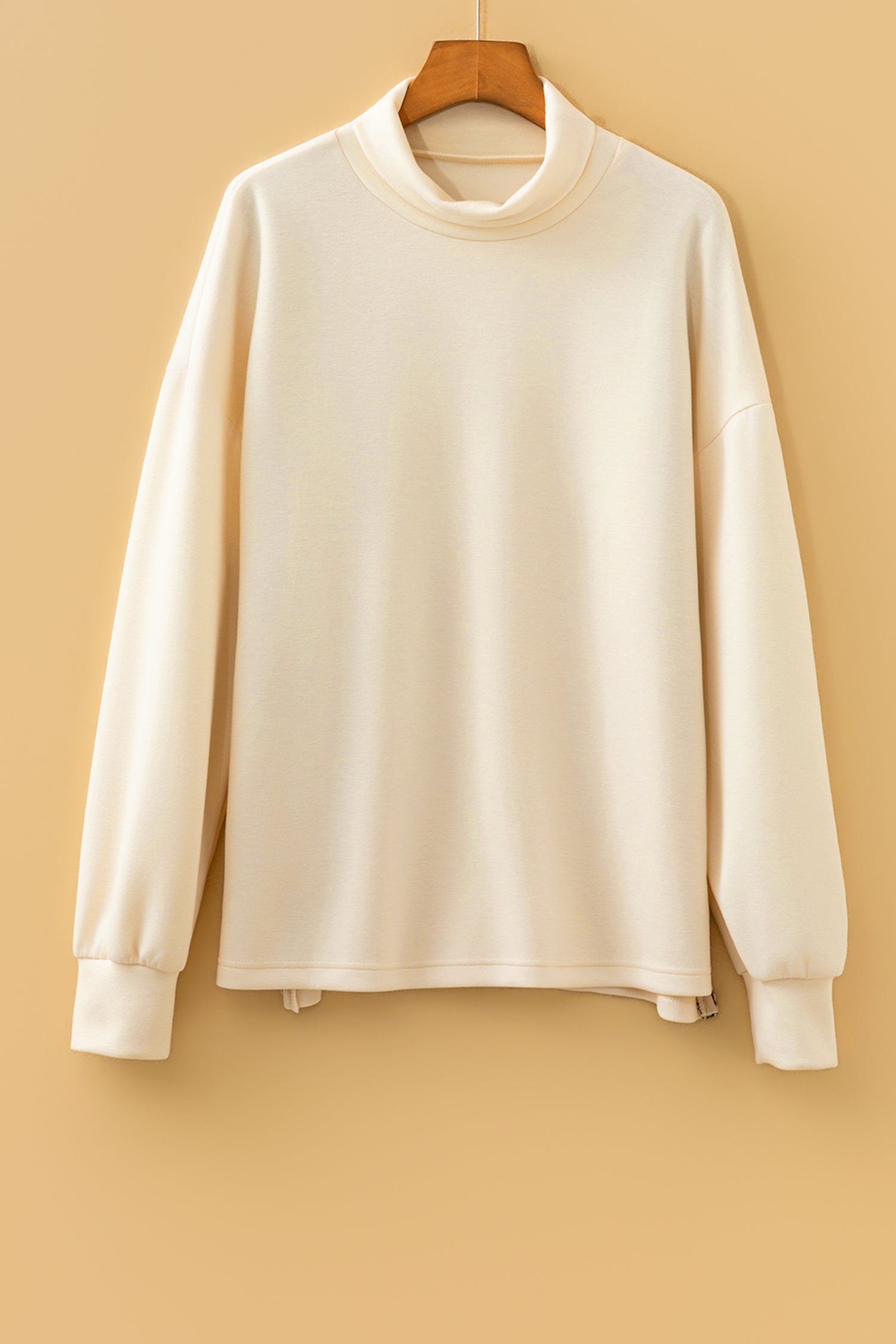 Beige Mock Neck Long Sleeve Leopard Detail Split Hem Top - Damesmode Afbeelding 5
