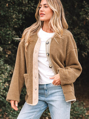 Light French Beige Puffy Plush Corduroy Edge Patchwork Jacket with Big Pockets - Miniatuur