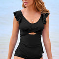 Black Solid Color Ruffle Detail Crossed Cutout Slim Tankini 2pcs Swimsuit - Damesmode Afbeelding 3 - Foto 3