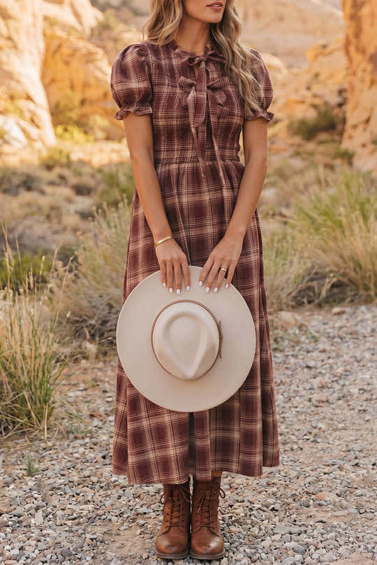 Abito midi a vita alta con nodo vintage vintage rosso a quadri e nodo a quadri