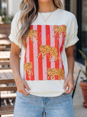 White Cheetah Striped Print Retro Fashion Graphic Tee - Miniatuur