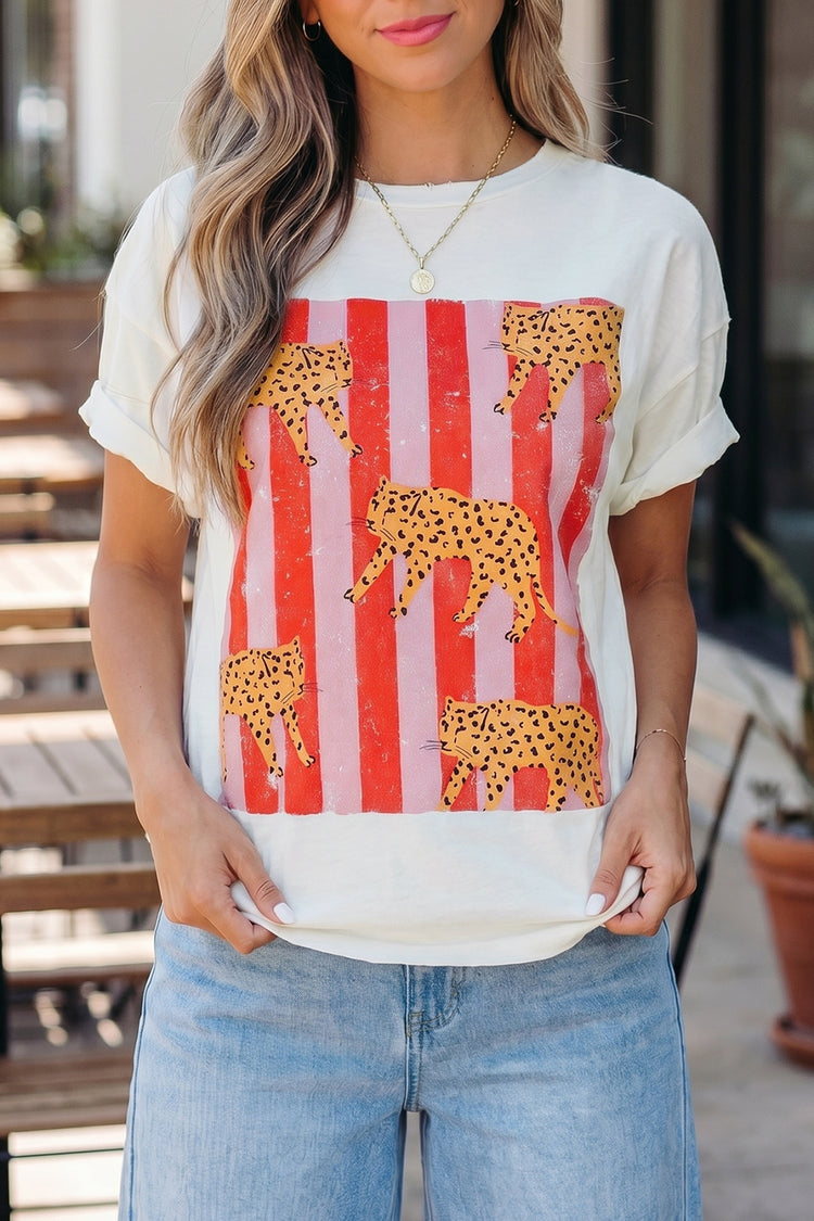 Camiseta de moda retro con estampado de rayas de guepardo blanco - Damesmode