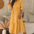 Yellow Flower Print Bracelet Sleeve Buttons Collared Maxi Dress - Foto 1
