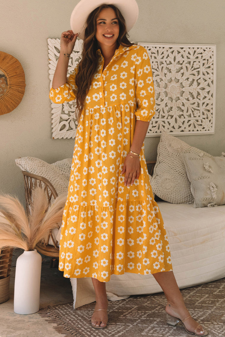 Yellow Flower Print Bracelet Sleeve Buttons Collared Maxi Dress - Damesmode