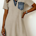 Beige Short Sleeve Ribbed Knit Denim Patchwork Polo Collar Dress - Damesmode Afbeelding 1 - Foto 1