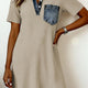 Beige met Korte Mouwen Ribbed Gebreid Spijkerstof Patchwork Polo Collar Jurk
