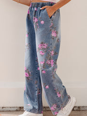 Beau Blue Floral Print Elastic Waist Pull On Casual Jeans - Damesmode Afbeelding 3 - Miniatuur