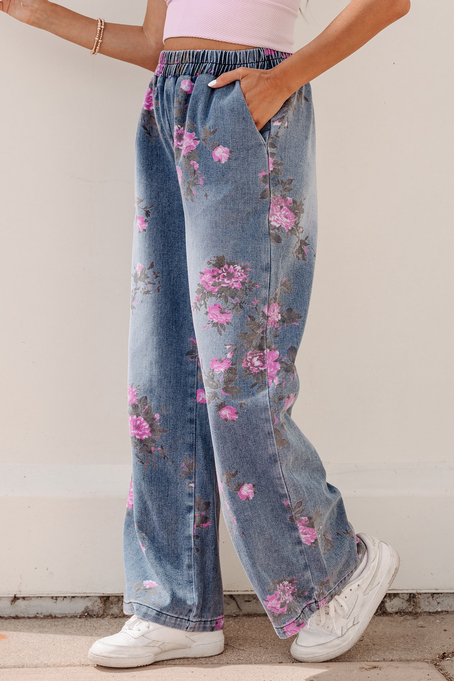 Beau Blue Floral Print Elastic Waist Pull On Casual Jeans - Damesmode Afbeelding 3