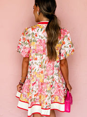 Pink Color Block Floral Print Contrast Trim V Neck Ruffle Hem Mini Dress - Miniatuur