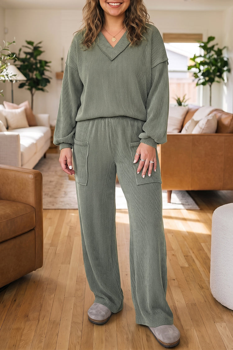 Véier-Blat-Kleeblatt Gedréint Rippen, fräigeluechte Nahtdetail, V-Hals-Pullover Plus-Gréisst Boxenset - Damesmode