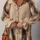 Oatmeal Boho Kwiatowa Krata Patchwork, Detal z falbanami z goframi Dzianina Shacket Dzianina - Thumbnail