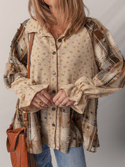Oatmeal Boho Floral Plaid Patchwork Distressed Detail Ruffled Sleeve Waffle Knit Shacket - Miniatuur