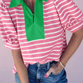 Black Stripe Short Puff Sleeve Color Block Polo Collar Blouse - Damesmode Afbeelding 4 - Foto 4