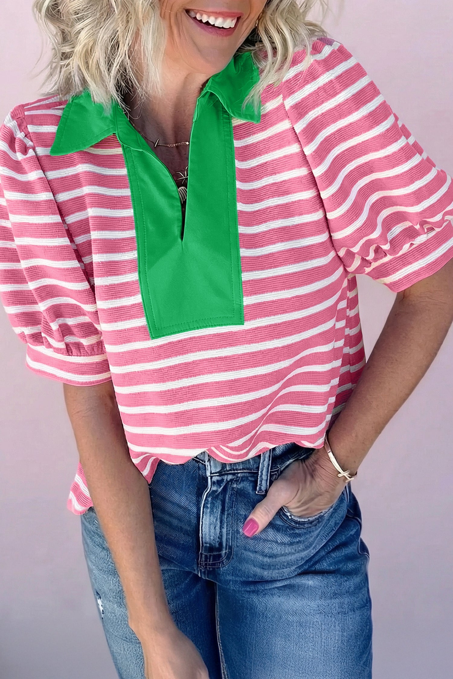 Black Stripe Short Puff Sleeve Color Block Polo Collar Blouse - Damesmode Afbeelding 4