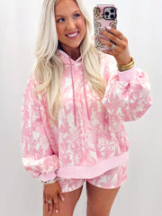 Pink Abstract Print Loose Hoodie Slim Shorts 2pcs Set - Miniatuur