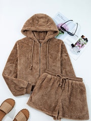 Parchment Zip Up Hoodie Drawstring Shorts Sherpa 2pcs Outfit - Miniatuur
