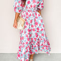 Rotes, elegantes Blumenkleid mit Puffärmeln und Midi-Kleidung - Foto 1