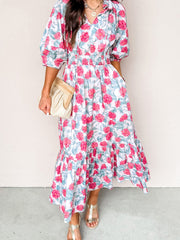 Red Elegant Floral Puff Sleeve Midi Dress - Miniatuur