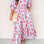 Red Elegant Floral Puff Sleeve Midi Dress