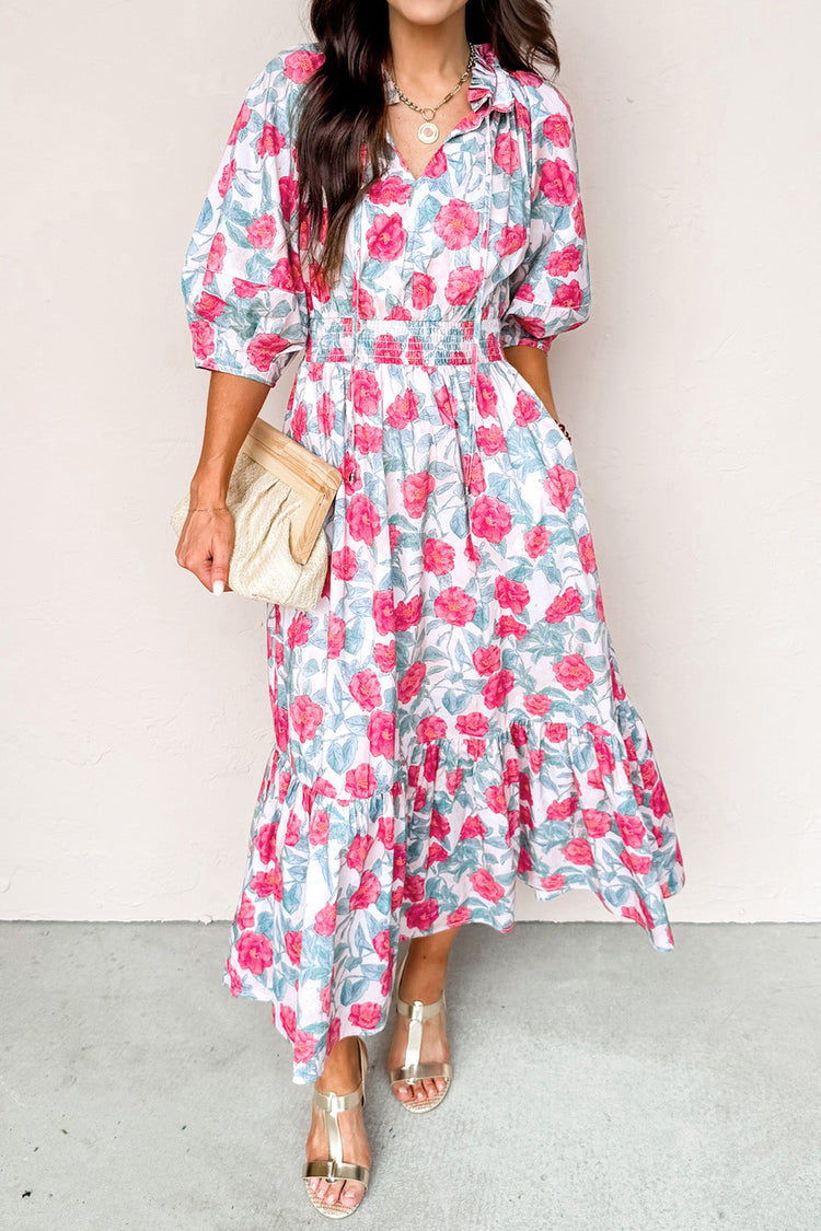 Rotes, elegantes Blumenkleid mit Puffärmeln und Midi-Kleidung - Damesmode