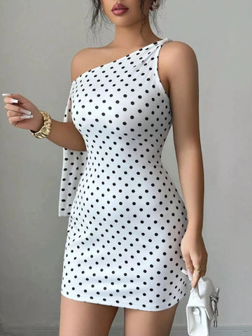 One-Shoulder Polka Dot Bodycon Mini Dress