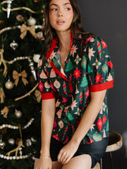Green Christmas Fashion Print Contrast Trim Frilled Neck Short Sleeve Blouse - Miniatuur