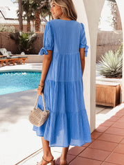 Yellow Gingham Textured Bow Tie Short Sleeve Tiered Midi Dress - Miniatuur