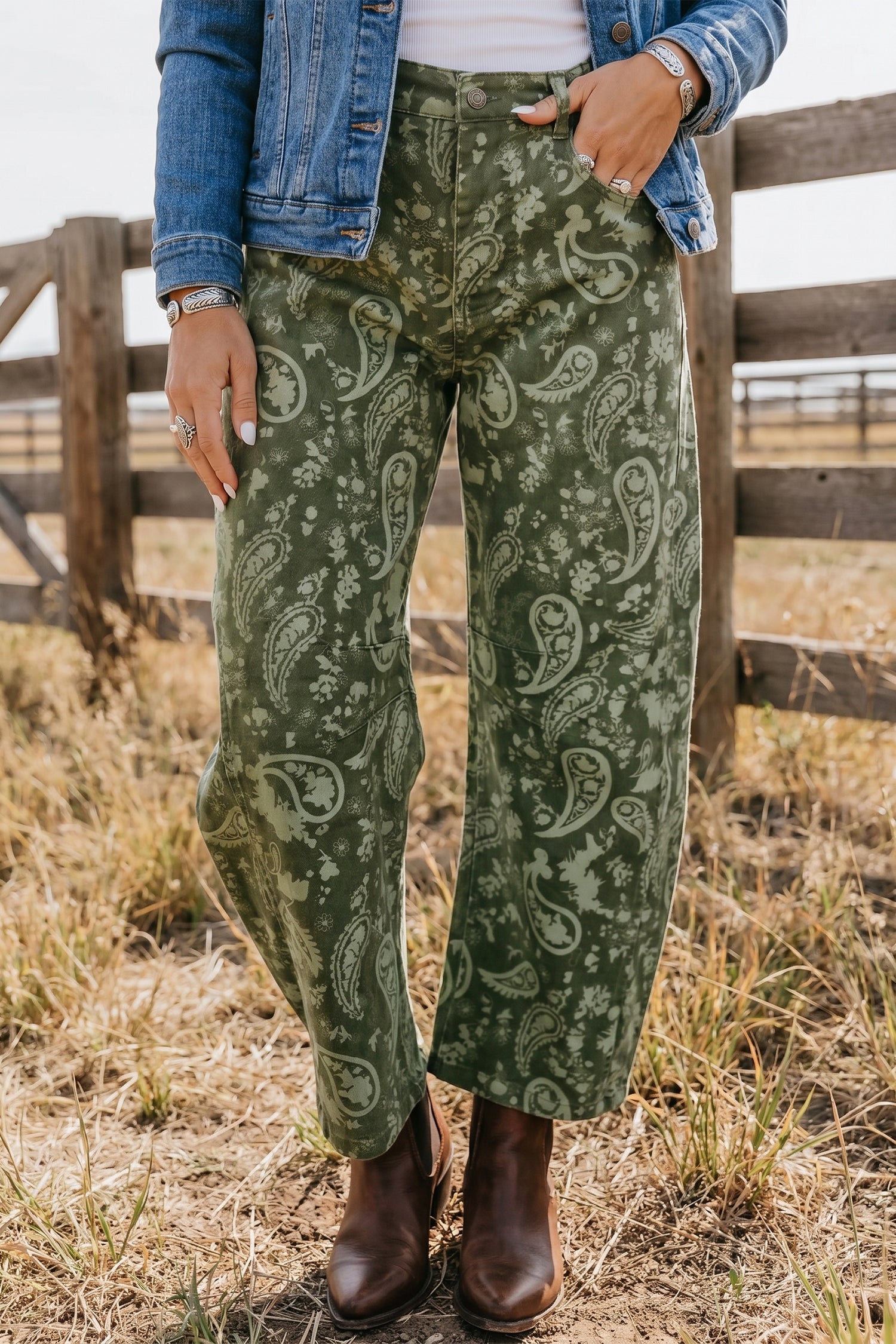 Pantaloni in jeans Harem con stampa paisley verde