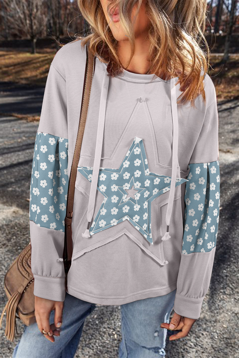 Apricot Floral Patchwork Star Pattern Drawstring Hoodie - Damesmode Afbeelding 4